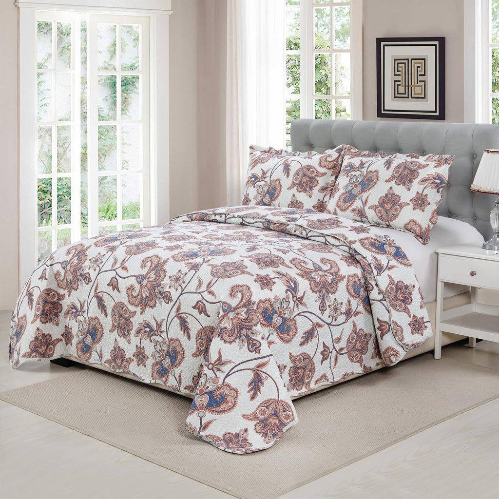 Rich Printed Embossed Pinsonic Coverlet Bedspread Ultra Soft Bedding 3 Piece Summer Quilt Set with 2 Quilted Shams