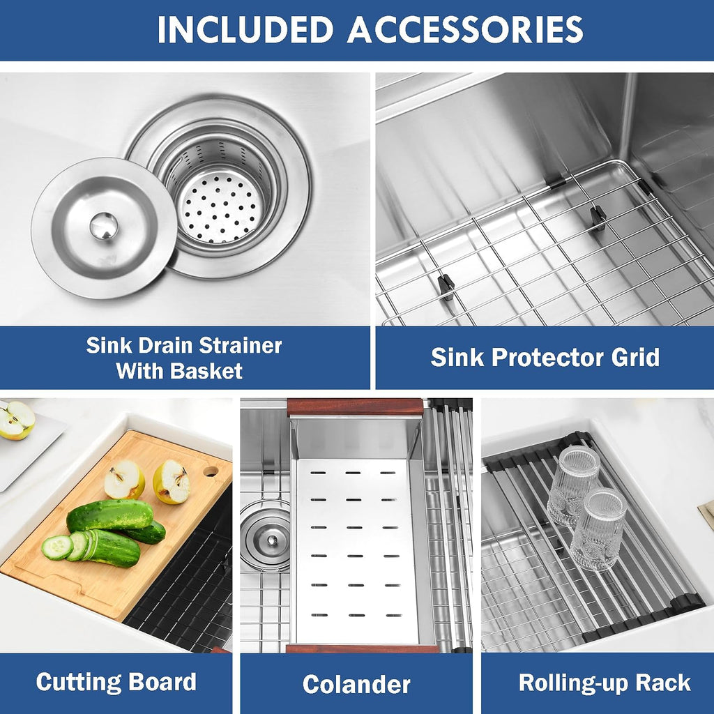 32 Inch Workstation Kitchen Sink, 16 Gauge Undermount Sink | 304 stainless steel single bowl, 32"×19"×10", includes