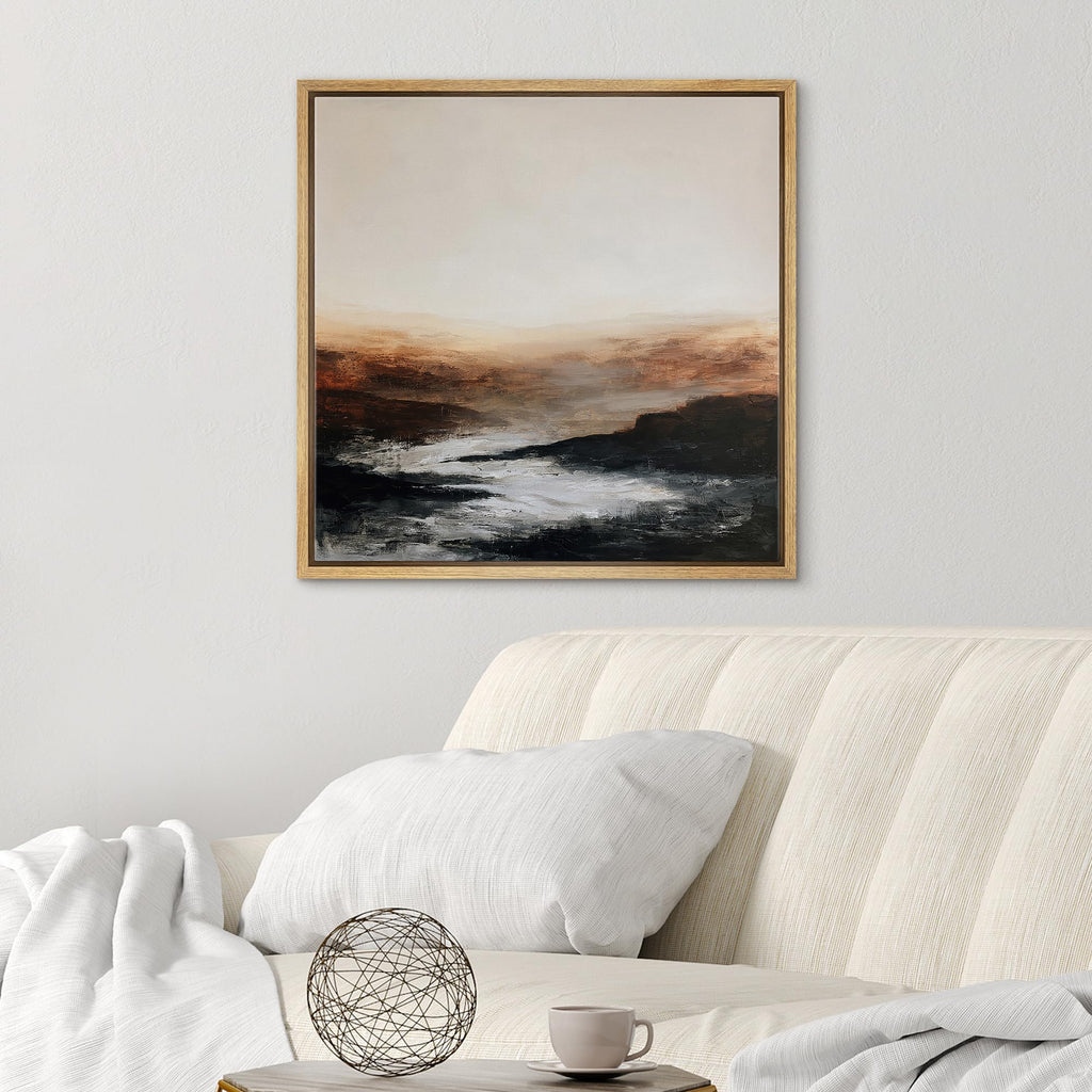 Framed Canvas Print Wall Art Moody Sunset Rocky Ocean Coast Illustrations Modern Art Decorative Relax - 24"x24"