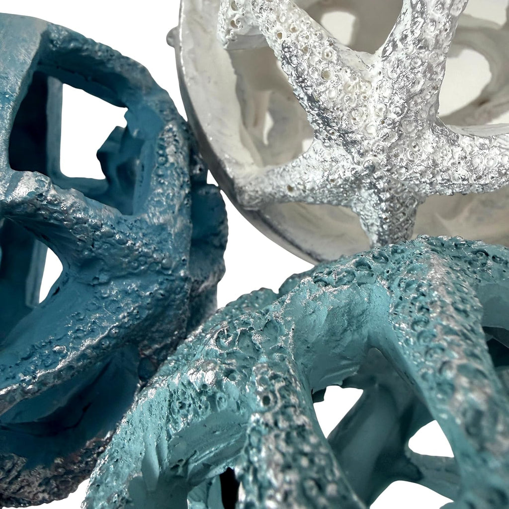 Decorative Orbs Coastal 4 Inch Resin Decorative Balls Set of 3 with Starfish Openwork Design, Blue Aqua Sand and