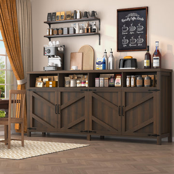 Buffet Sideboard with Storage Farmhouse, Large Kitchen Storage Cabinet Wood Coffee Bar Cabinet Buffet, 63in, Brown