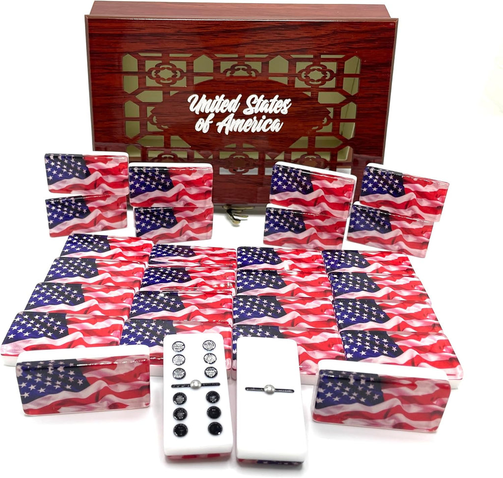 American flag Premium Edition USA Dominoes Set Deluxe - Double Six Domino Tiles with American Flag Design - Resin &