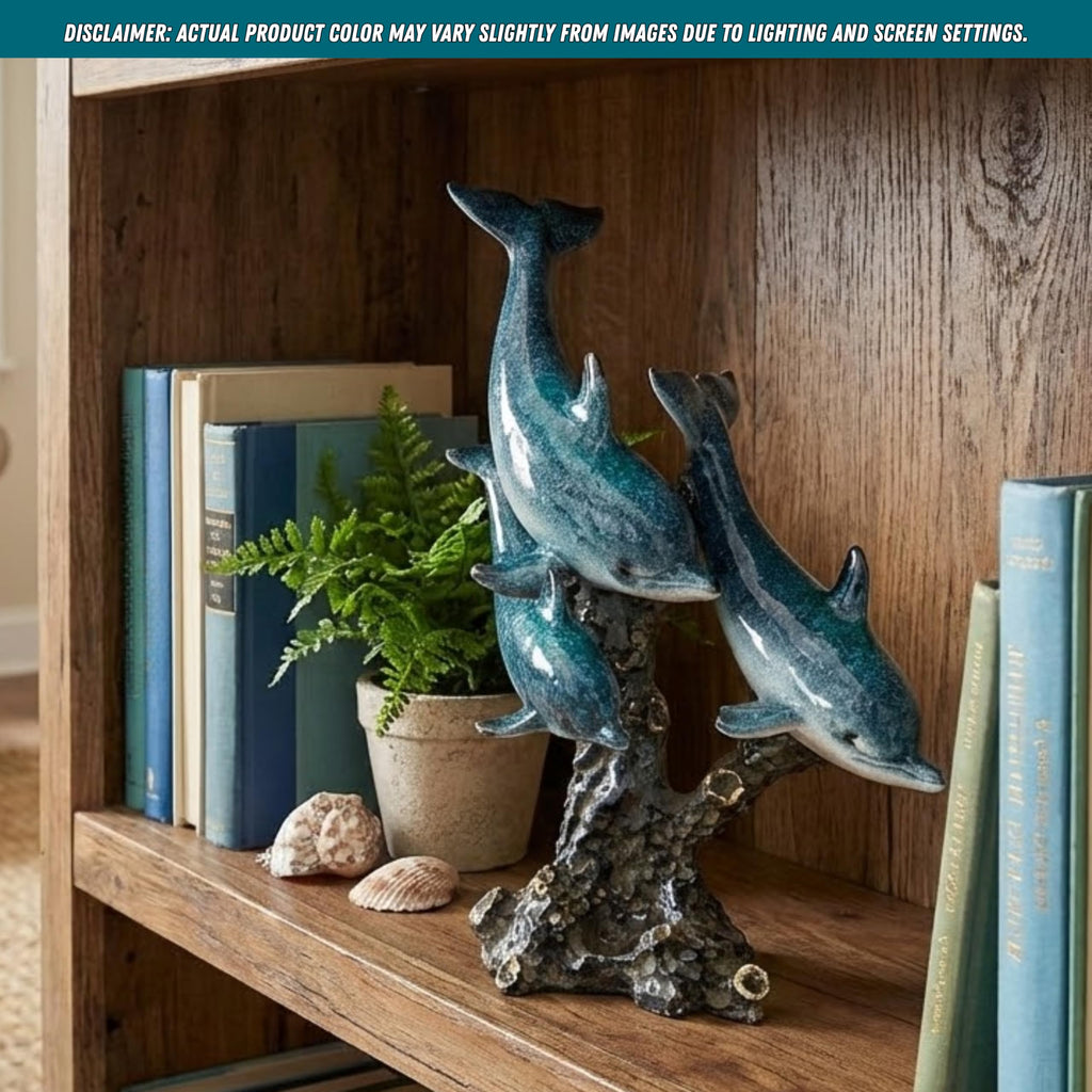 Dolphin Statue - Triple Dolphins Swimming Figurine Coastal Home Decor Tabletop Collection (Aqua)