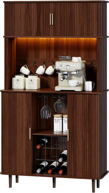 71" Tall Wine Bar Cabinet with Storage & Wine Rack,Fluted Liquor Cabinet,Modern Coffee Bar Cabinet with LED Lights