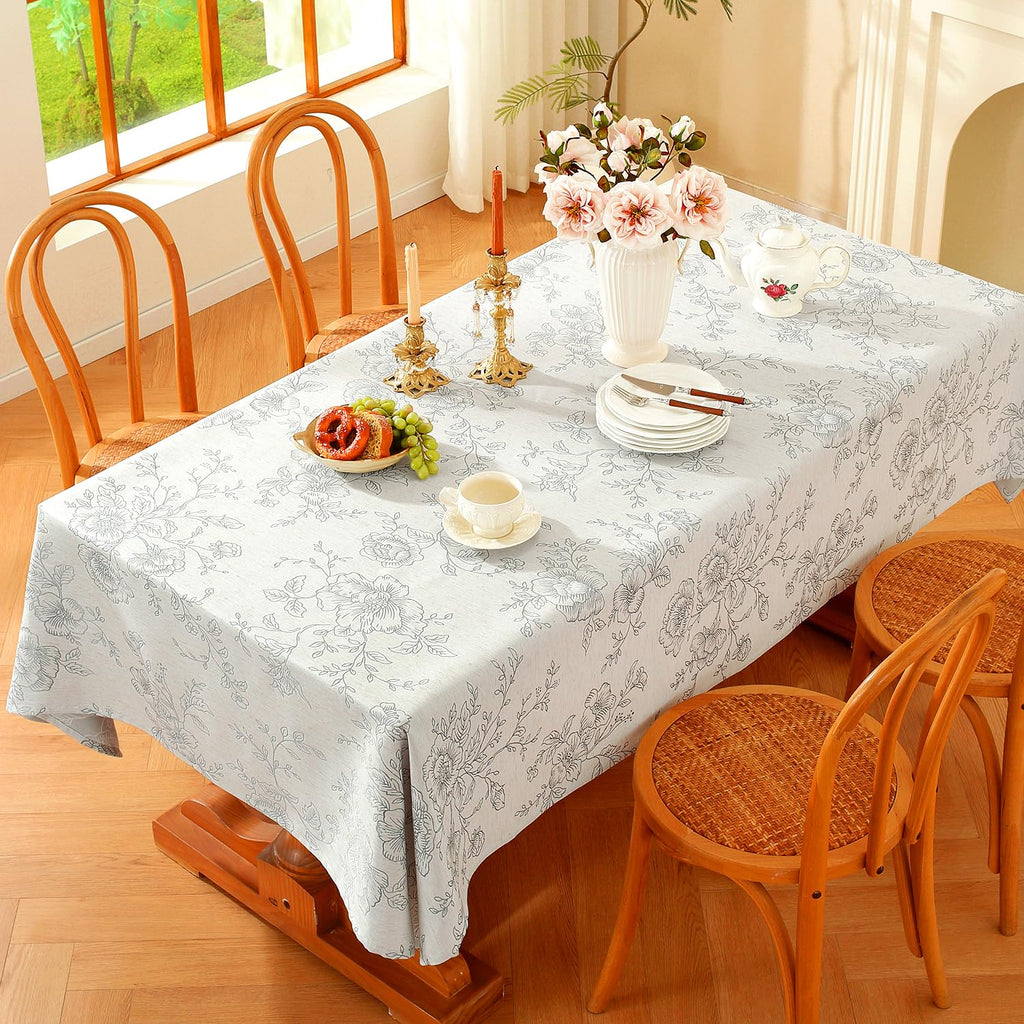 Premium Vintage Farmhouse Damask Floral 52 x 70 inch Rectangle Table Cloth - Water Resistant Linen Textured Jacquard