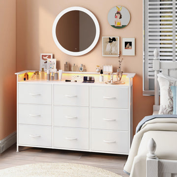 White with LED Light 9 Drawer Dressers with Charging Station Chests of Drawers Closet Living Room Hallway Sturdy