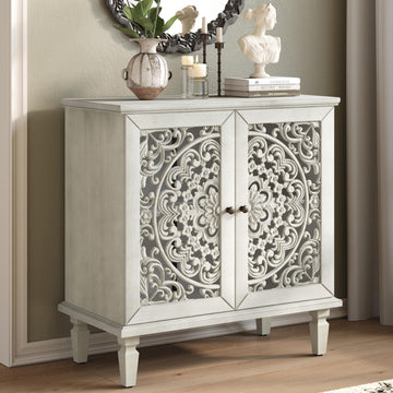 Antique White Sideboard Buffet Accent Cabinet with 2 Carved Doors