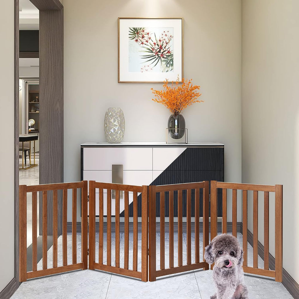 Wooden Free Standing Dog Gate 80" W x 24" H, Foldable Solid Hardwood Pet Safety Fence Doorways, Stairs, Hallways