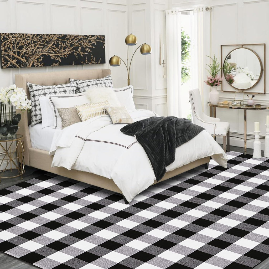 Buffalo Plaid Rug 5. .5'Black and White Area Rug,Washable Cotton Woven Indoor/Outdoor Rug for Farmhouse/Dining