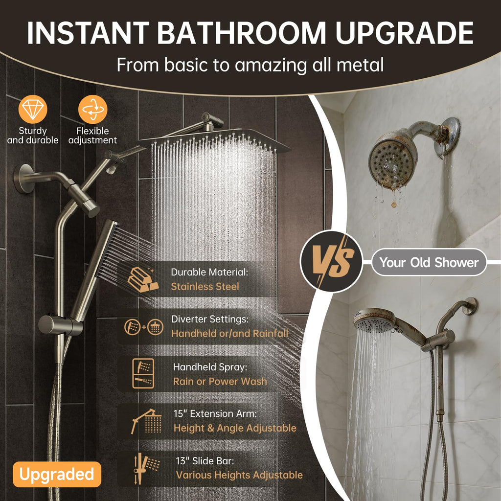 All Metal 10" Luxurious Brushed Nickel Rain Shower Head with Handheld