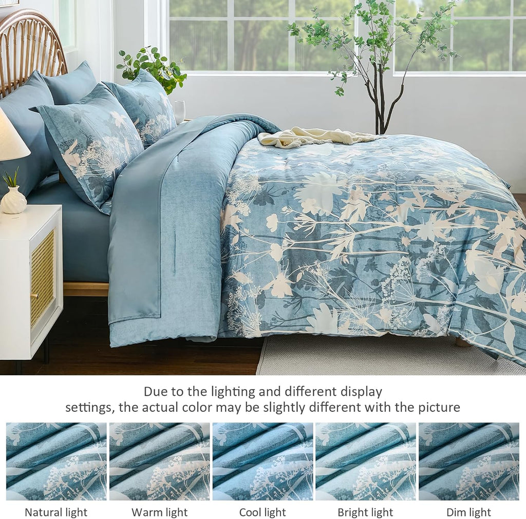 Drucon Blue Floral Comforter Set King, 7 Piece Dandelion Botanical Plant Comforter Bedding Set, Bed in a Bag King