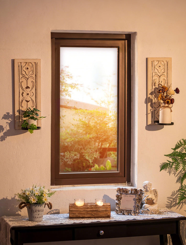 Whitewashed Wood Wall Candle Sconces Set of 2, Floral Design