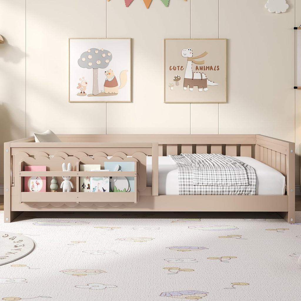 Floor Bed Frame for Kids with Fence and Bookshelves, Natural