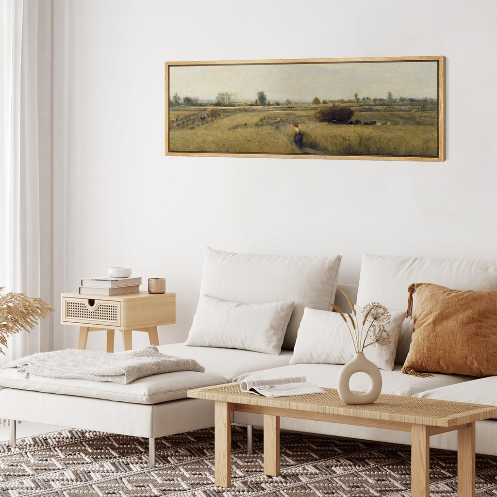 Large Framed Canvas Print Wall Art Golden Wheat Field Harvest Antique Rural Landscape with Farmers Illustrations