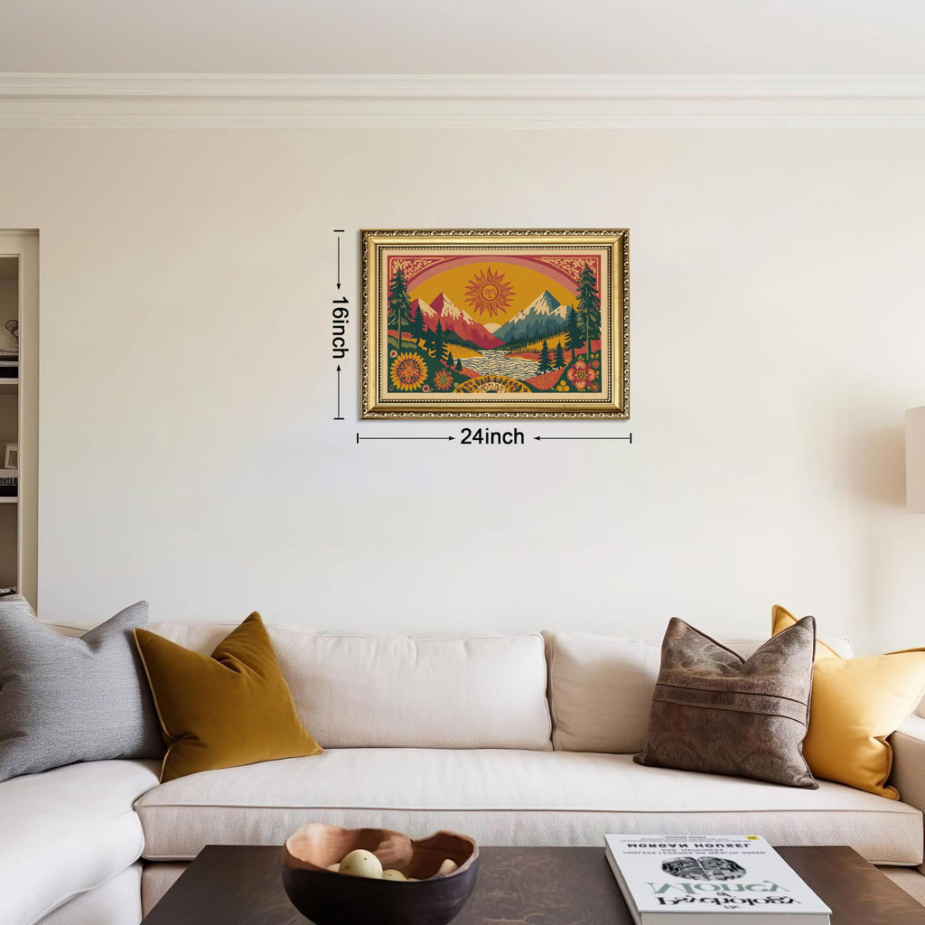 Gold Framed Boho Canvas Wall Art, Abstract Mountain Sun Print, 16x24in
