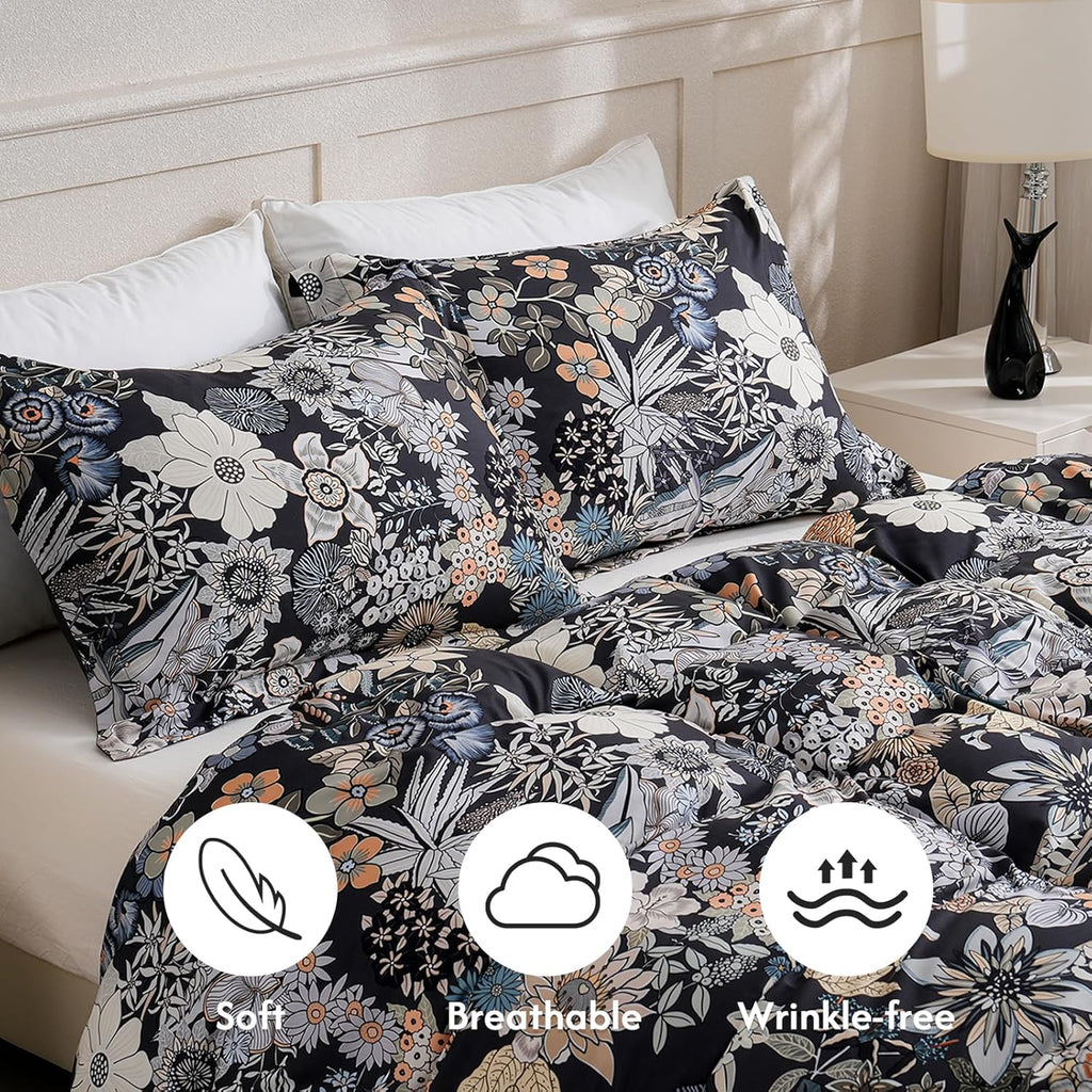 Queen Flower 3 Pcs Duvet Cover Set, Breathable Soft Microfiber Black Lining Comforter Cover with Zipper Closure, and 2 Anti-Pilling, Fade Resistant Pillowcases, Midnight Blossoms