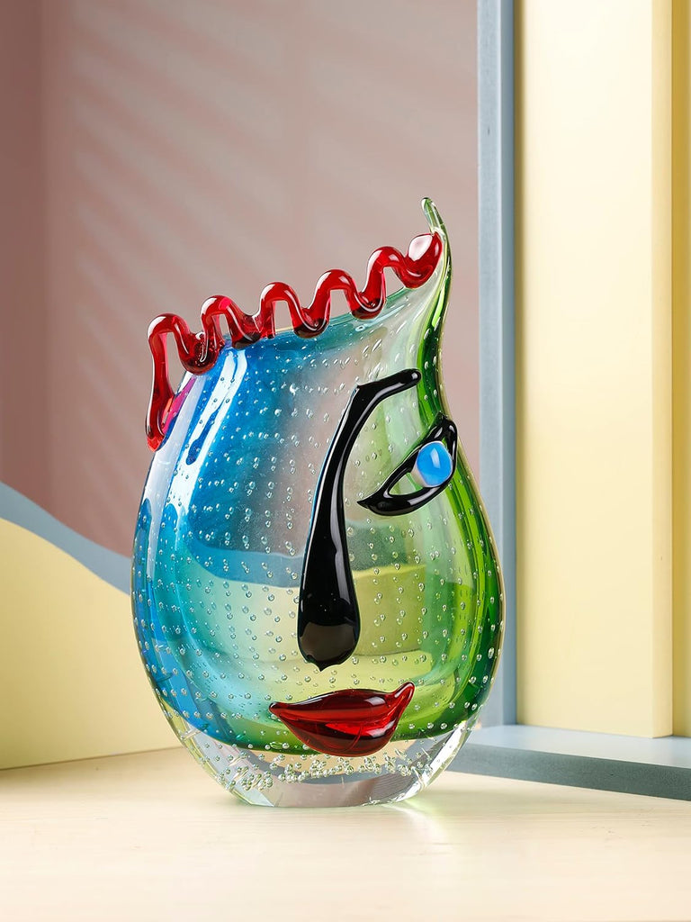 Hand Blown Art Glass Vase with face Art, Style,Multi-Colored