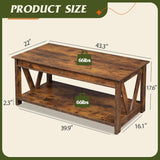 Coffee Table, 43" Farmhouse Coffee Table with Storage Shelf & Sturdy V-Shaped Support, Wood Center Table and Balco...