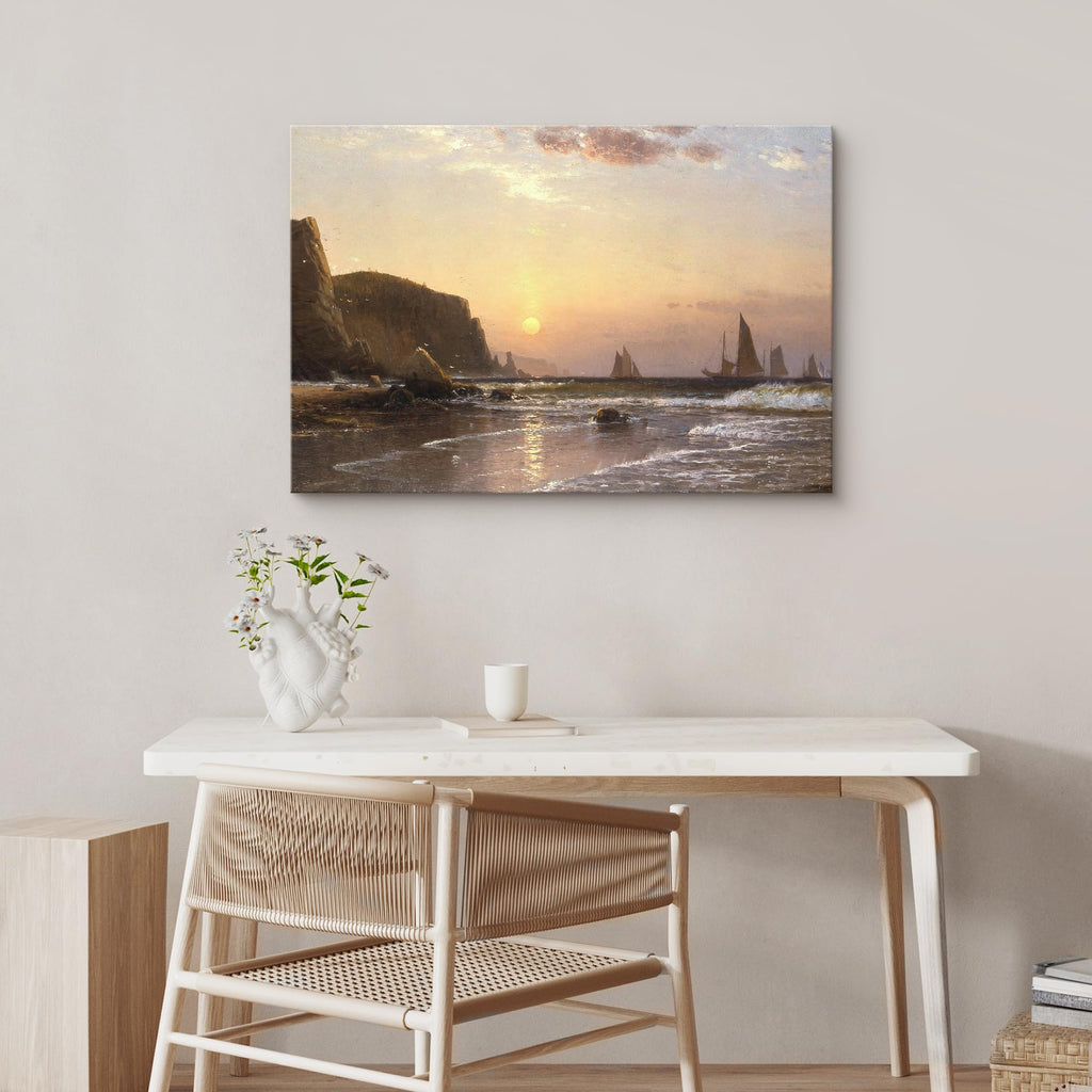 Canvas Print Wall Art Serene Sunset Seascape with Sailing Ships Classic Maritime Illustrations Modern Art Glam Pastel