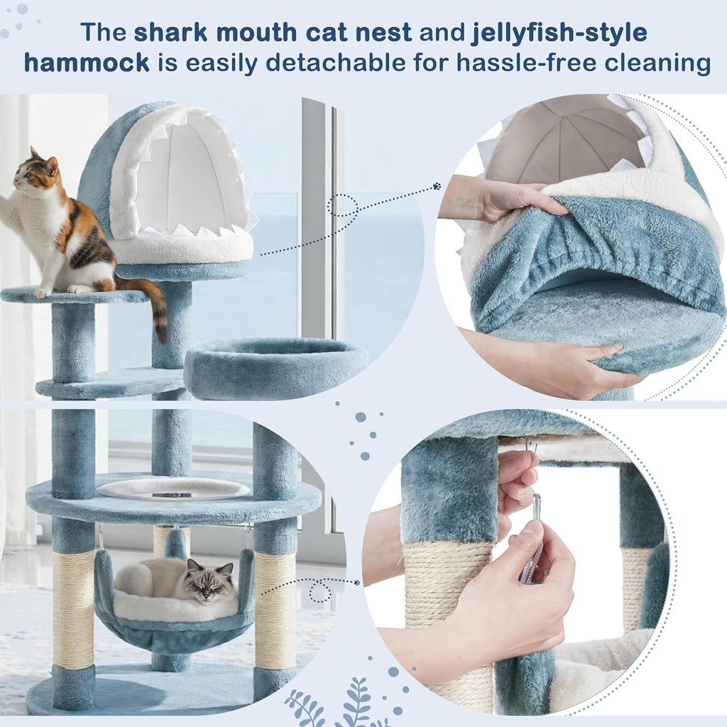 Cute Shark Cat Tree for Kittens, Multi-Level Small Blue Tower