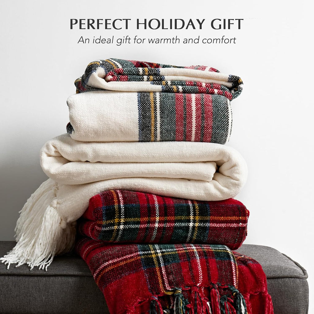 Chenille Christmas Throw Blanket, 60"x80", White Stewart Plaid