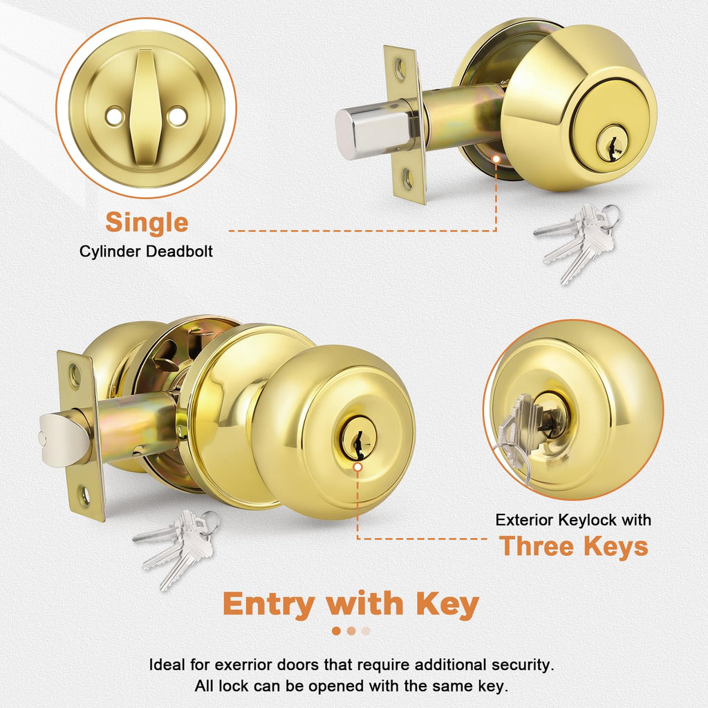 Polished Brass Entry Door Knob Lock Set and Single Cylinder Deadbolt Combination Set, Keyed Alike, 3 Pack