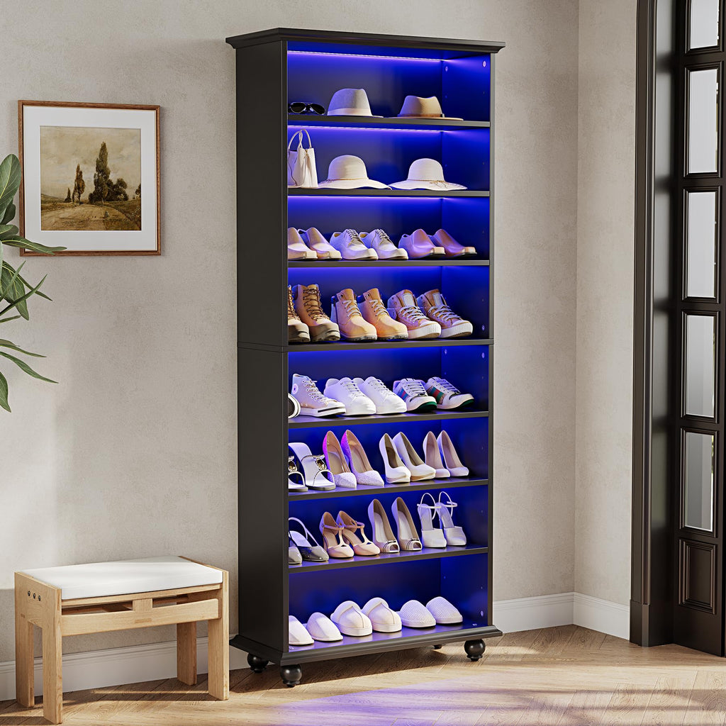 69-Inch Tall Shoe Cabinet with LED Light Strip & Adjustable Shelves, Black Wooden 8-Tier Shoes Display Cabinet for 26
