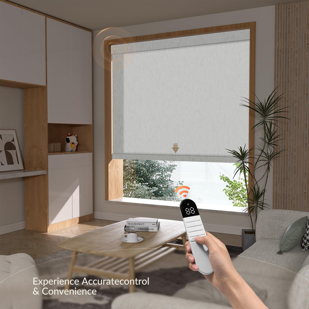 Motorized Roller Blinds with Remote Control, Light Filtering Hemp Spinning Fabric Automatic Roller Shades for