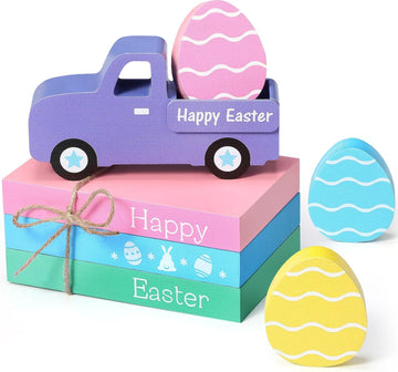 Easter Table Decorations Wooden Truck Easter Eggs Blocks Spring Wood Book Stacks Centerpieces Signs Indoor - Set of 5