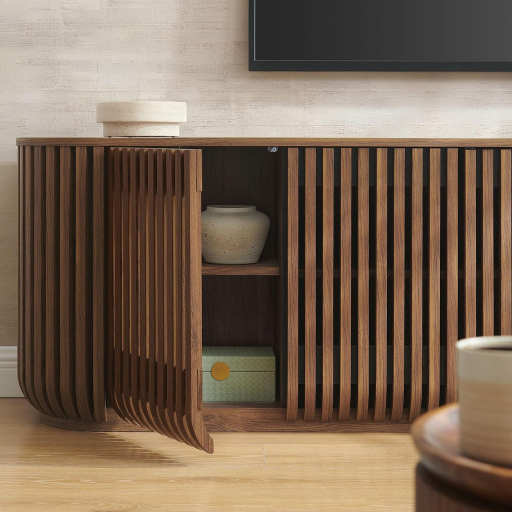Fortitude 75" Fluted Curved Sideboard Buffet with 4 Doors in Walnut - Modern Media Console TV Stand with Adjustable