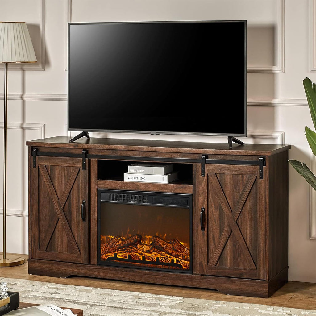 59 Inch Farmhouse Fireplace TV Stand for TVs up to 65 Inches, Entertainment Center with Sliding Barn Door, Storage Cabinets and Adjustable Shelves, Dark Walnut