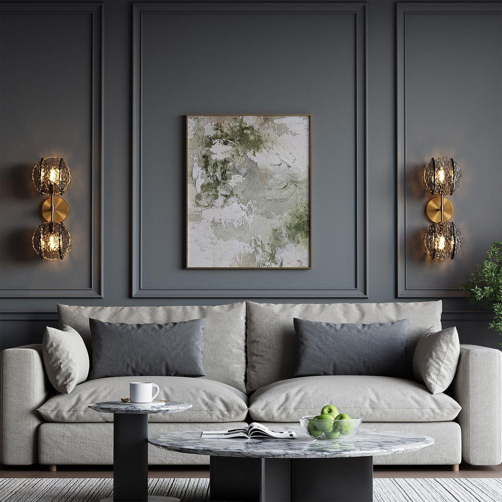 Crystal Gold Wall Sconce,Brass Modern Double Light Wall Sconce with Textured Smoke Glass Shade,Luxury