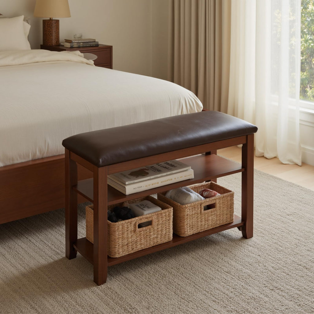 Solid Wood Shoe Rack Bench Bench with Leather Cushion
