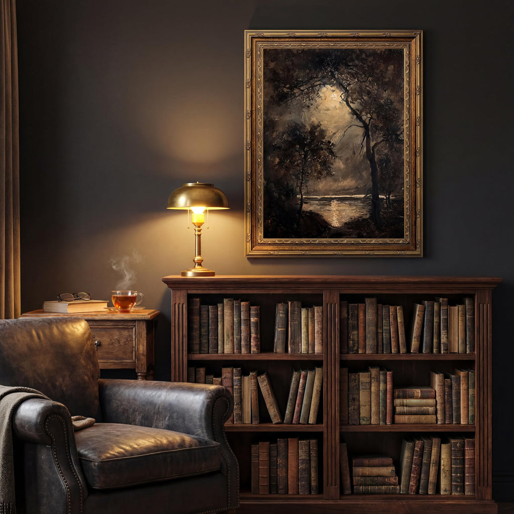 Moody Night Landscape Wall Art Gothic Moonlit Lake Picture Print