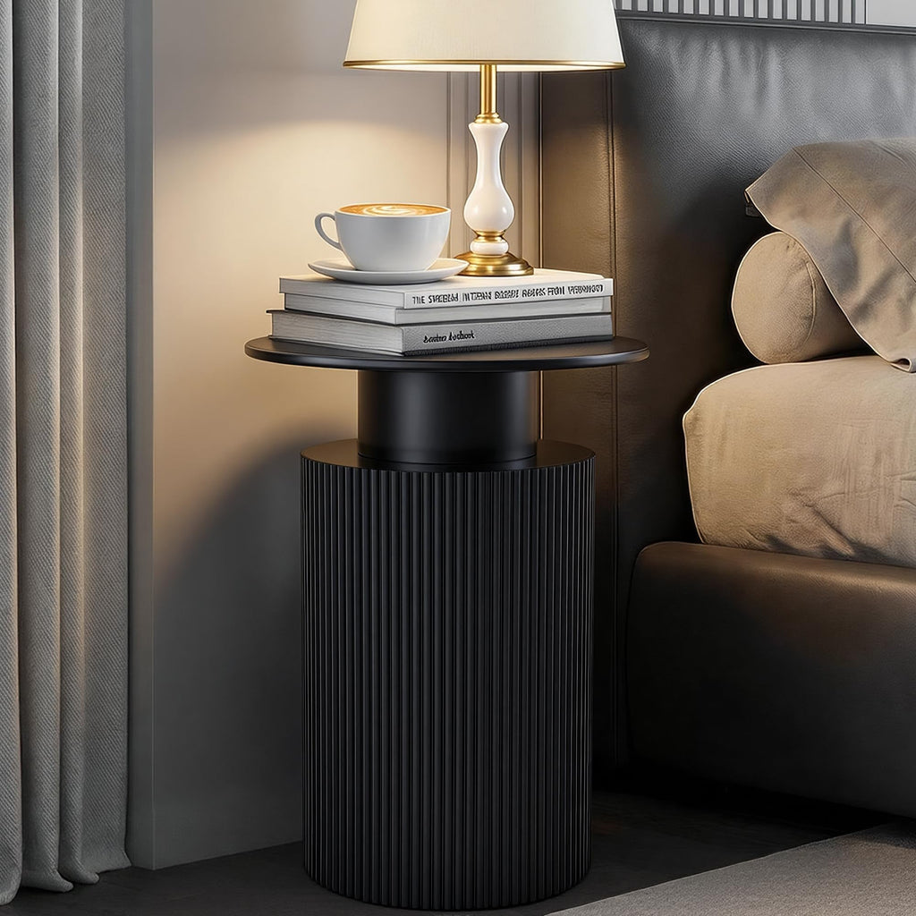 Fluted Side Table with Storage, 24" Round Reversible Wood End Table