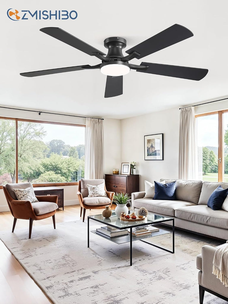 52 Inch Ceiling Fan with Light, App&Remote Control, Flush Mount Low Profile, Dimmable 20W LED Light, Quiet Reversible Motor for Bedroom, Living Room, Apartment, Black A101-B0DPHBLS5W