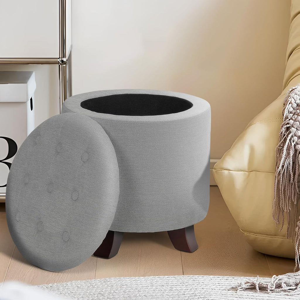 15 Inch Small Ottoman with Storage, Round Linen Fabric Storage Ottoman Foot Rest with Removable Lid, Multipurpose