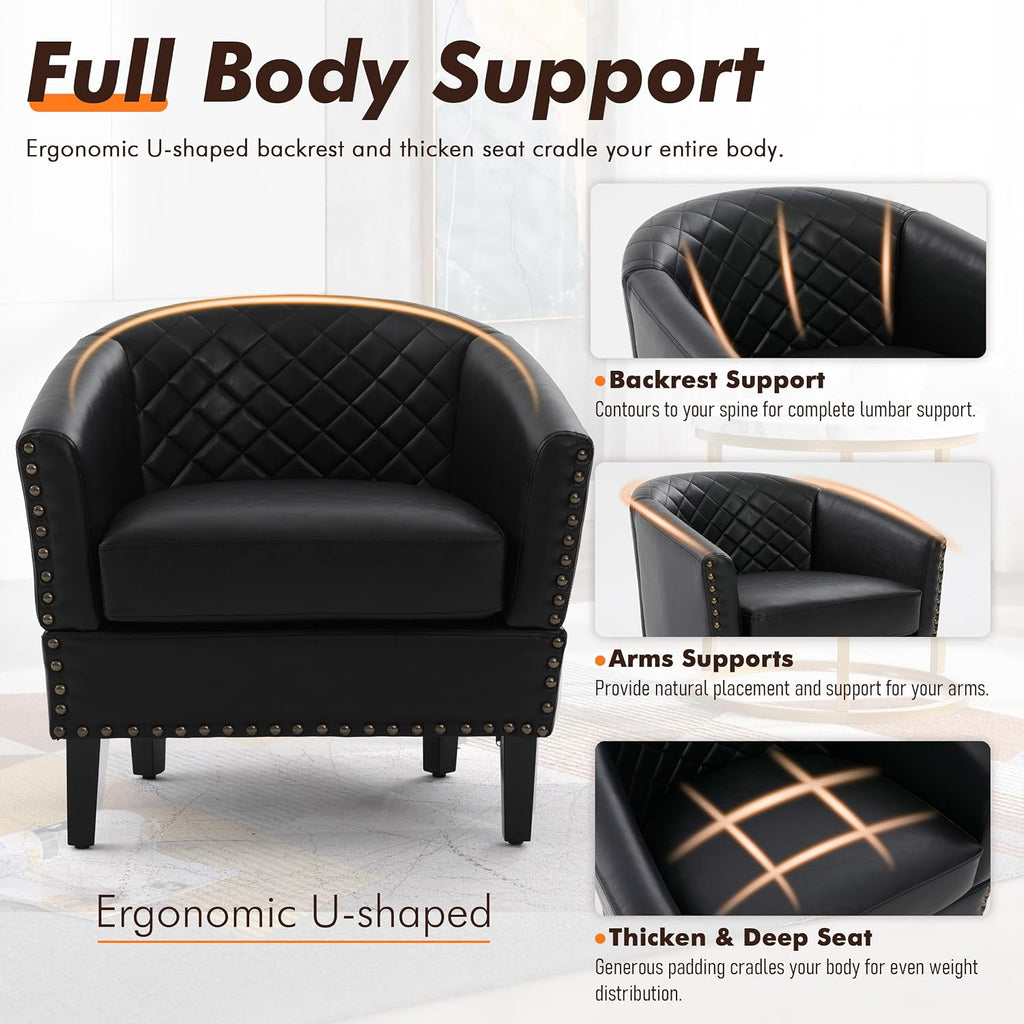 Retro PU Leather Barrel Chairs, (Black) - Set of 2