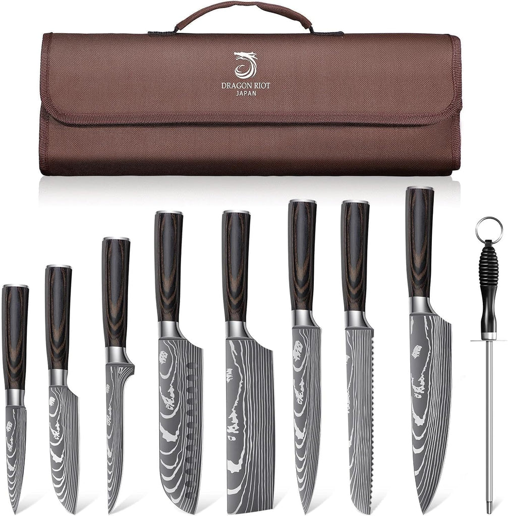 Damascus Kitchen Knife Set, Damascus Steel, Brown Handle | Stainless Steel, Damascus Pattern, Roll Bag, For Meat