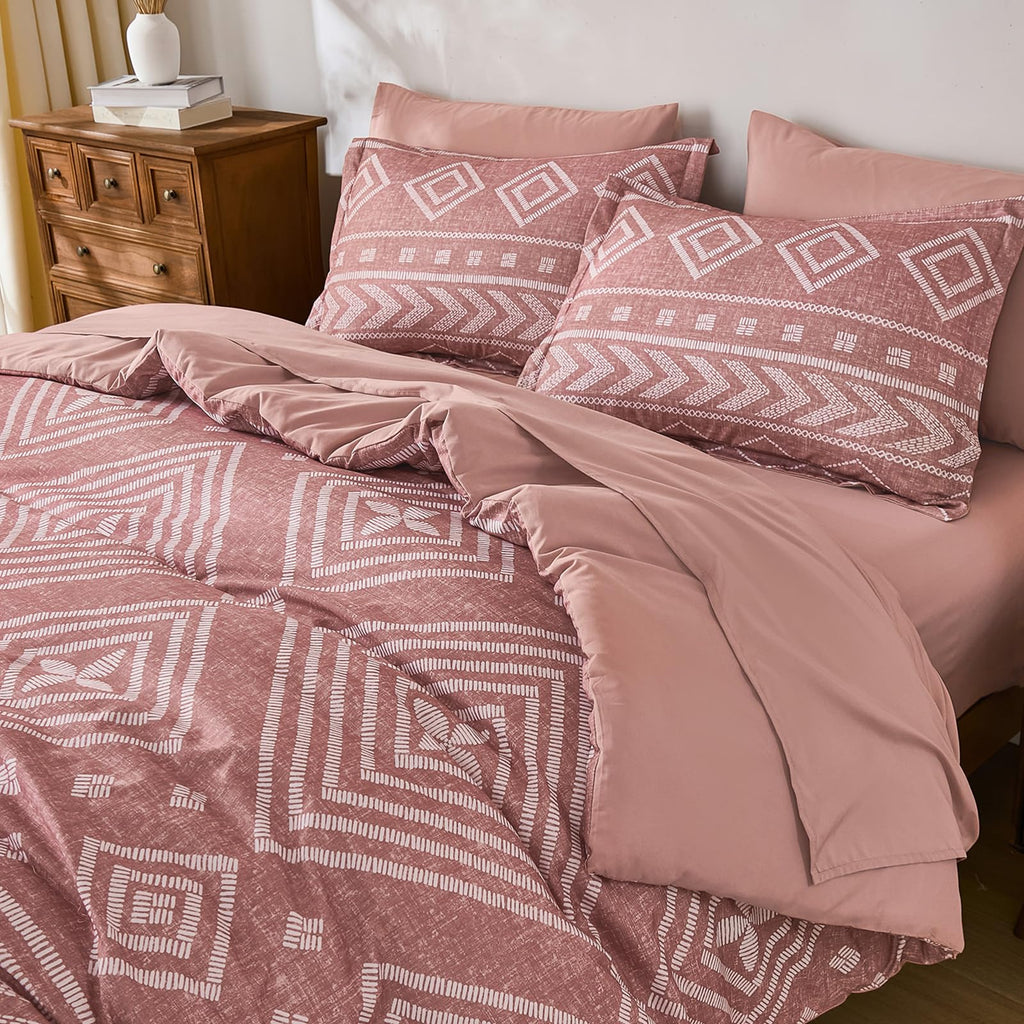 Boho Comforter Set King Size, 7 Pieces Aztec Blush Bed in a Bag