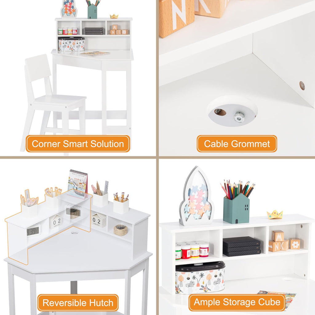 Wooden Kids Corner Desk and Chair Set with Hutch for Ages 3-8