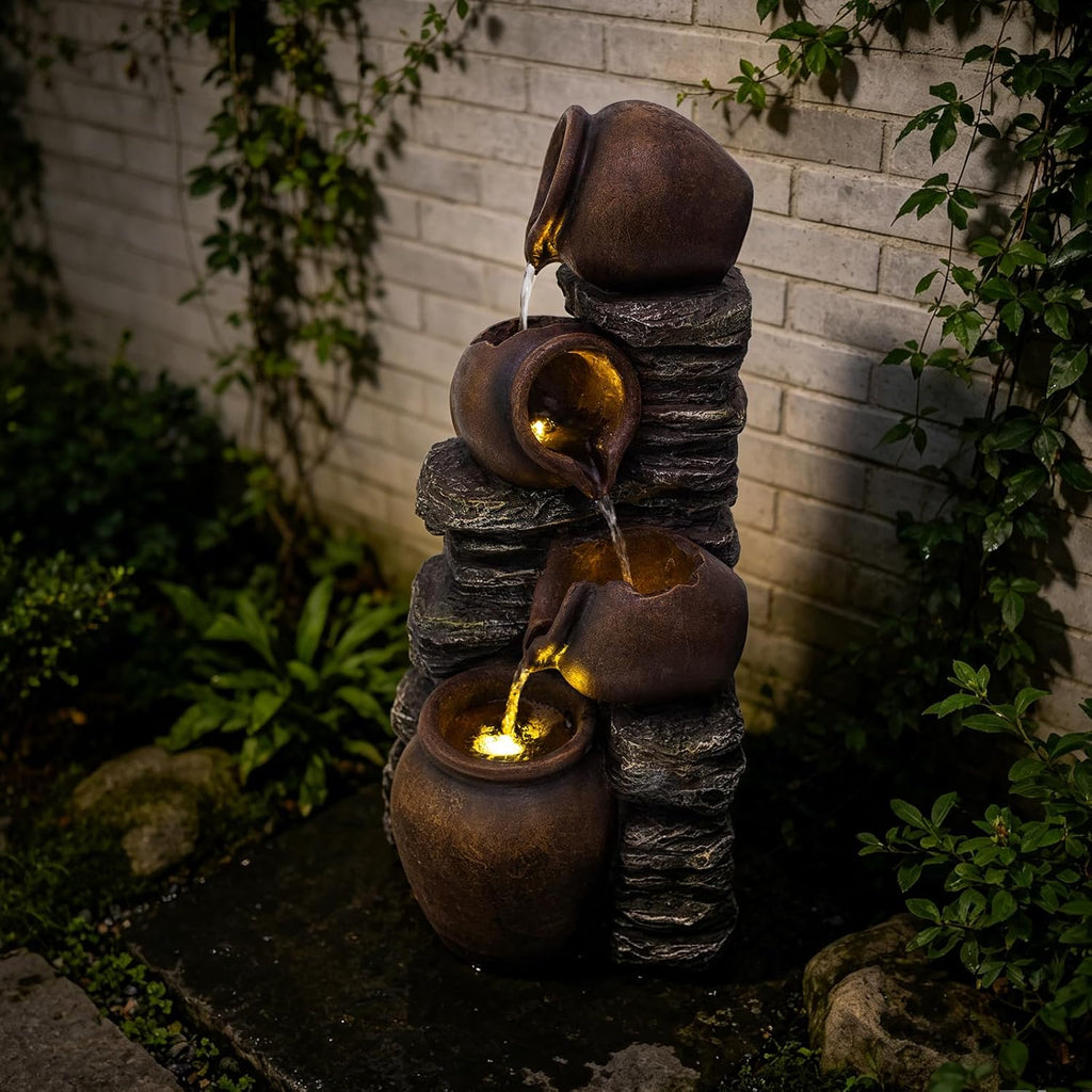 24.8" H Rock & Jar Cascading Water Fountain Outdoor/Indoor, Floor Standing Waterfall Fountain