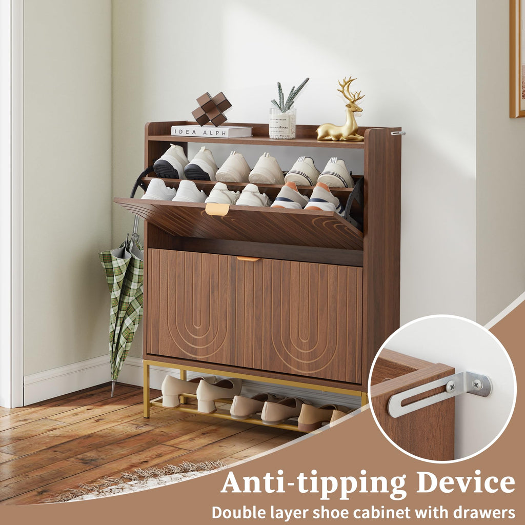 Narrow Shoe Storage Cabinet with 2 Flip Drawers, Wooden Freestanding Hidden Shoes Rack Organizer, Mid-Century Modern