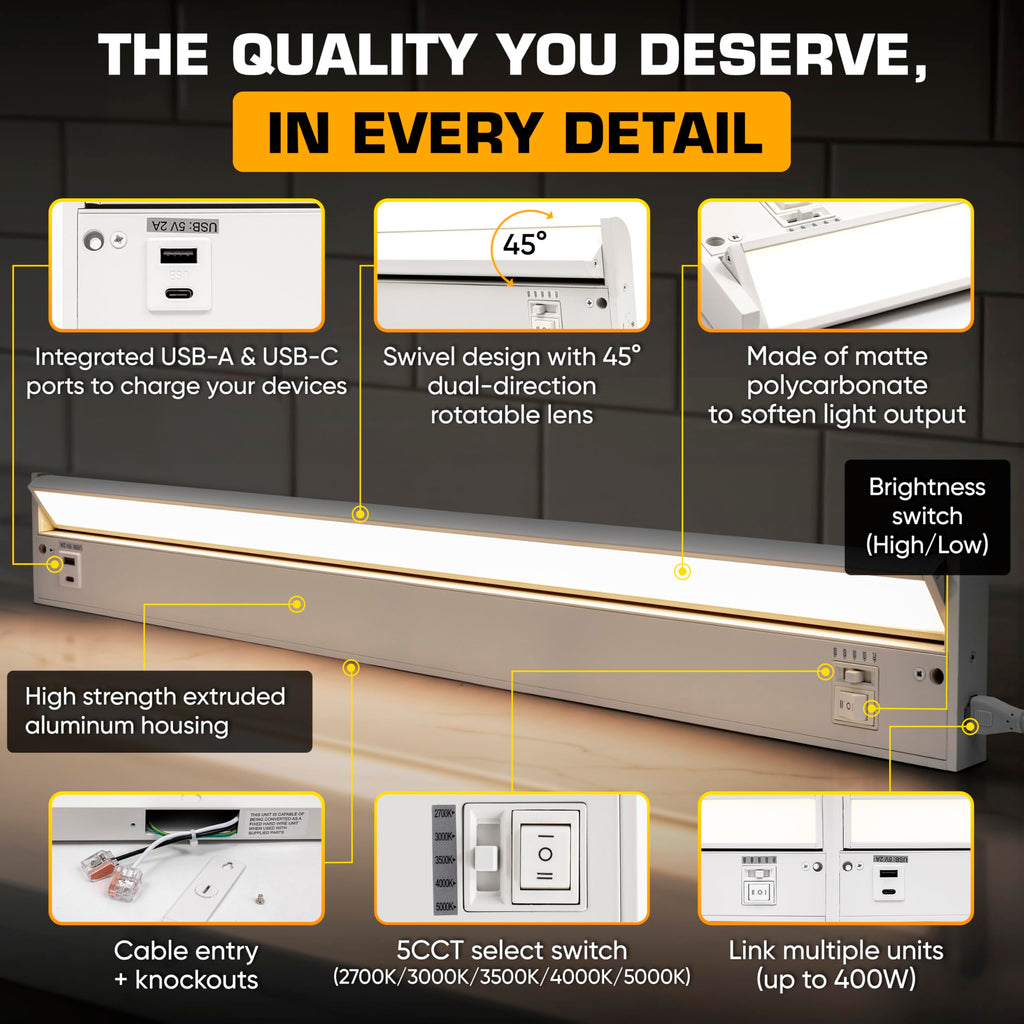 LED Under Cabinet Lighting Hardwired - Swivel Lens - 32 Inch White