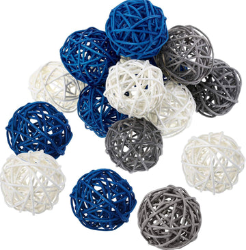 Decorative Wicker Rattan Ball, 1.8 in, Navy Blue Gray White - Set of 15