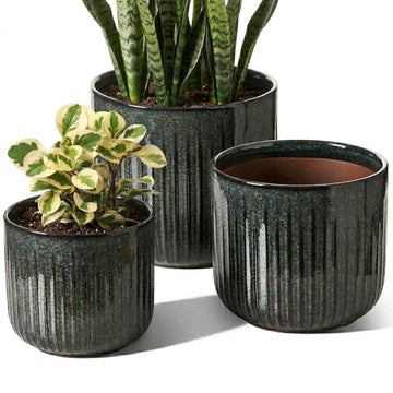 Ceramic Pots for Plants, 8.3/7/6 Inch Indoor Planters with Drainage Holes & Mesh, Modern Glossy Glaze Cylinder Fluted