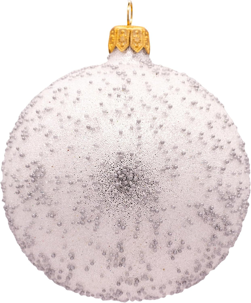 Luxury Handcrafted European Glass Christmas Ball Ornaments - Set of 6 - Silver & White - Frosted Luxe - 8 cm