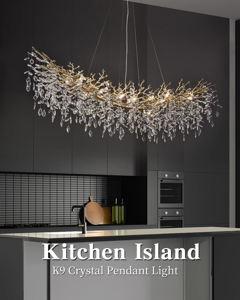 Modern Crystal Chandelier, 16-Light 55.12" Gold Tree Branch Chandeliers, Luxury K9 Crystal Rectangular Chandeliers