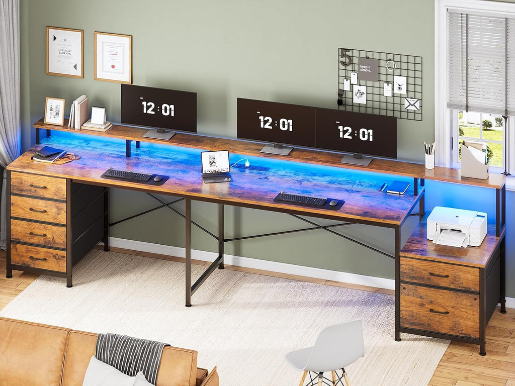 L Shaped Computer Desk with 6 Drawer, File Drawer & Power Outlet | 108" Corner Desk with Monitor Shelf, File Cabinet