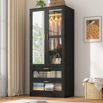 2 Doors Armoire Wardrobe Closet with LED and Mirror, 71" H Freestanding Wooden Wardrobe Closet Cabinet w 2